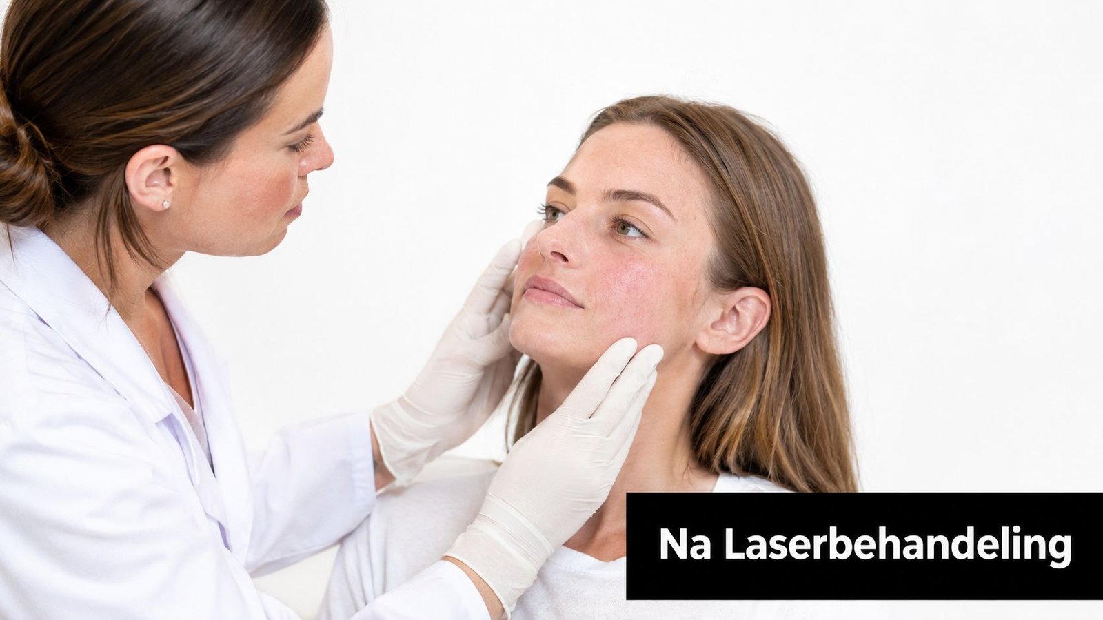 Een dermatoloog onderzoekt de huid van een patiënt met handschoenen na een cosmetische laserbehandeling in de kliniek.