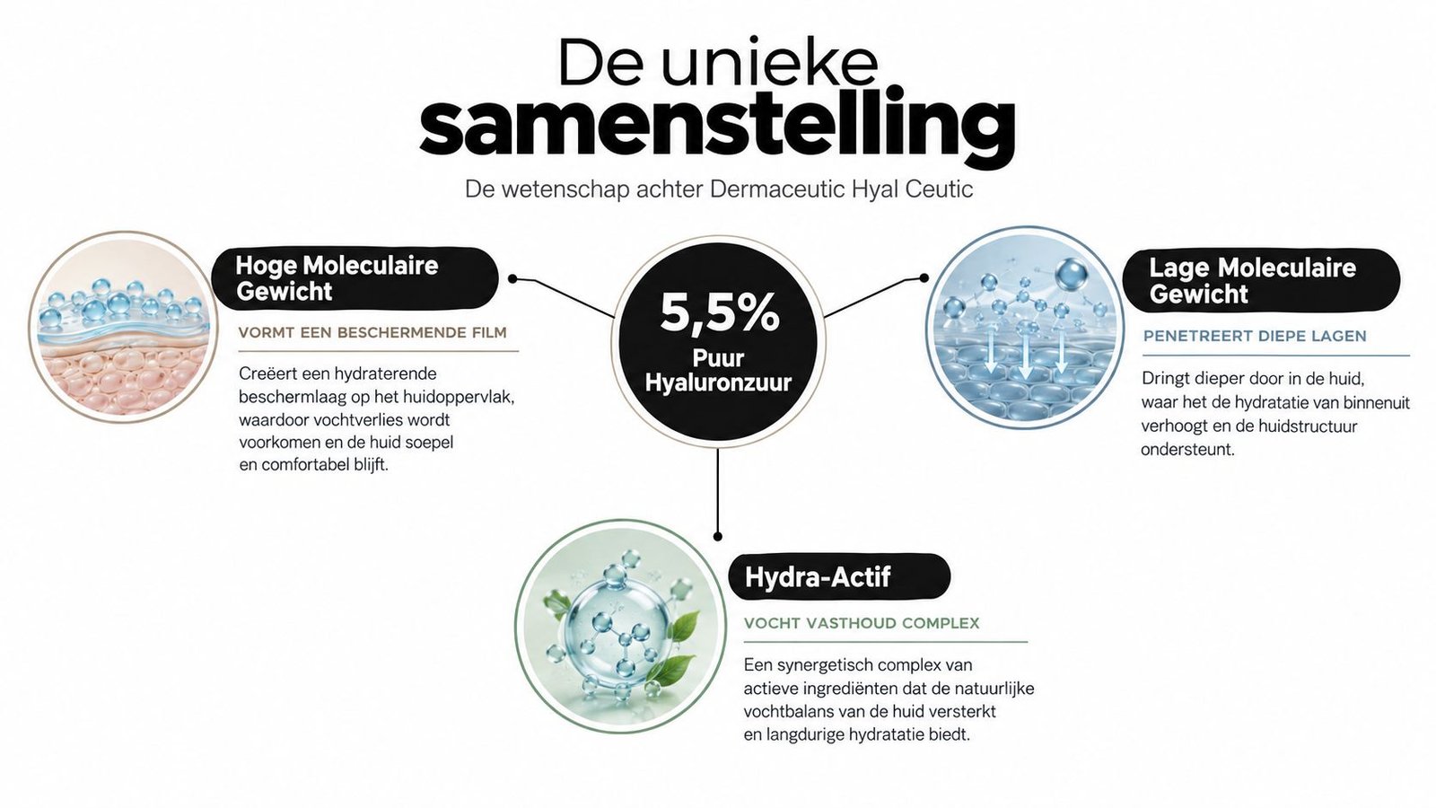 Een overzicht van de unieke samenstelling van Dermaceutic Hyal Ceutic met hyaluronzuur en hydraterende actieve ingrediënten.