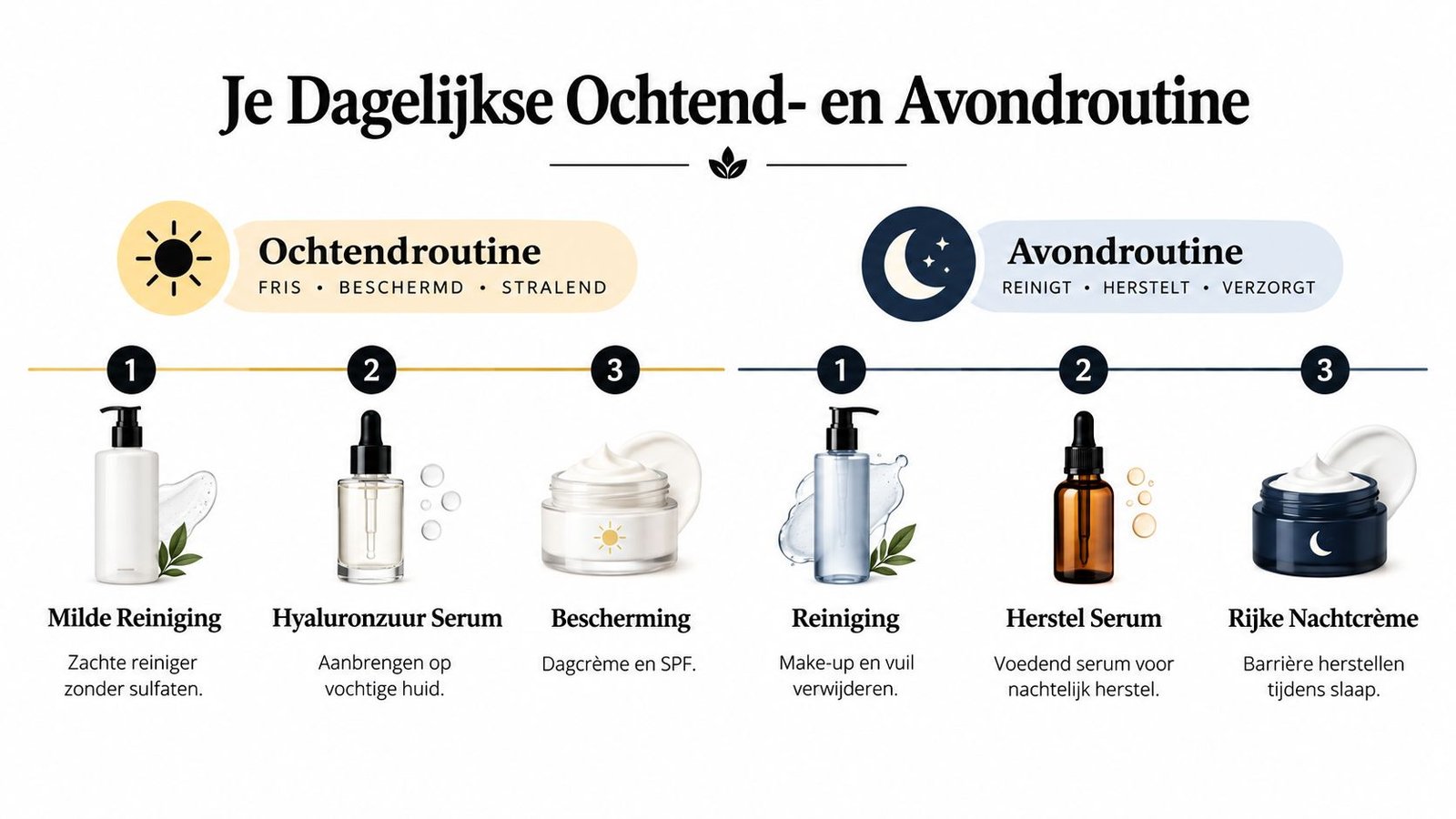 Een overzicht van een dagelijkse ochtend- en avondroutine voor huidverzorging met reiniging, serums en crèmes.