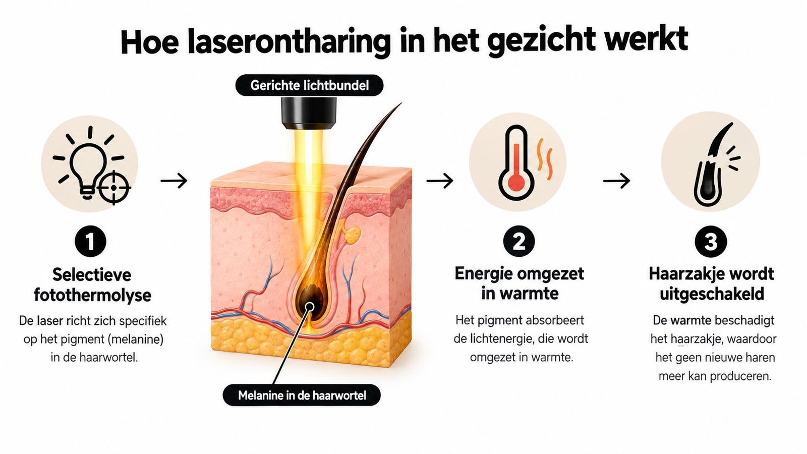 Een infographic die stapsgewijs het proces van laserontharing in het gezicht door middel van selectieve fotothermolyse uitlegt.