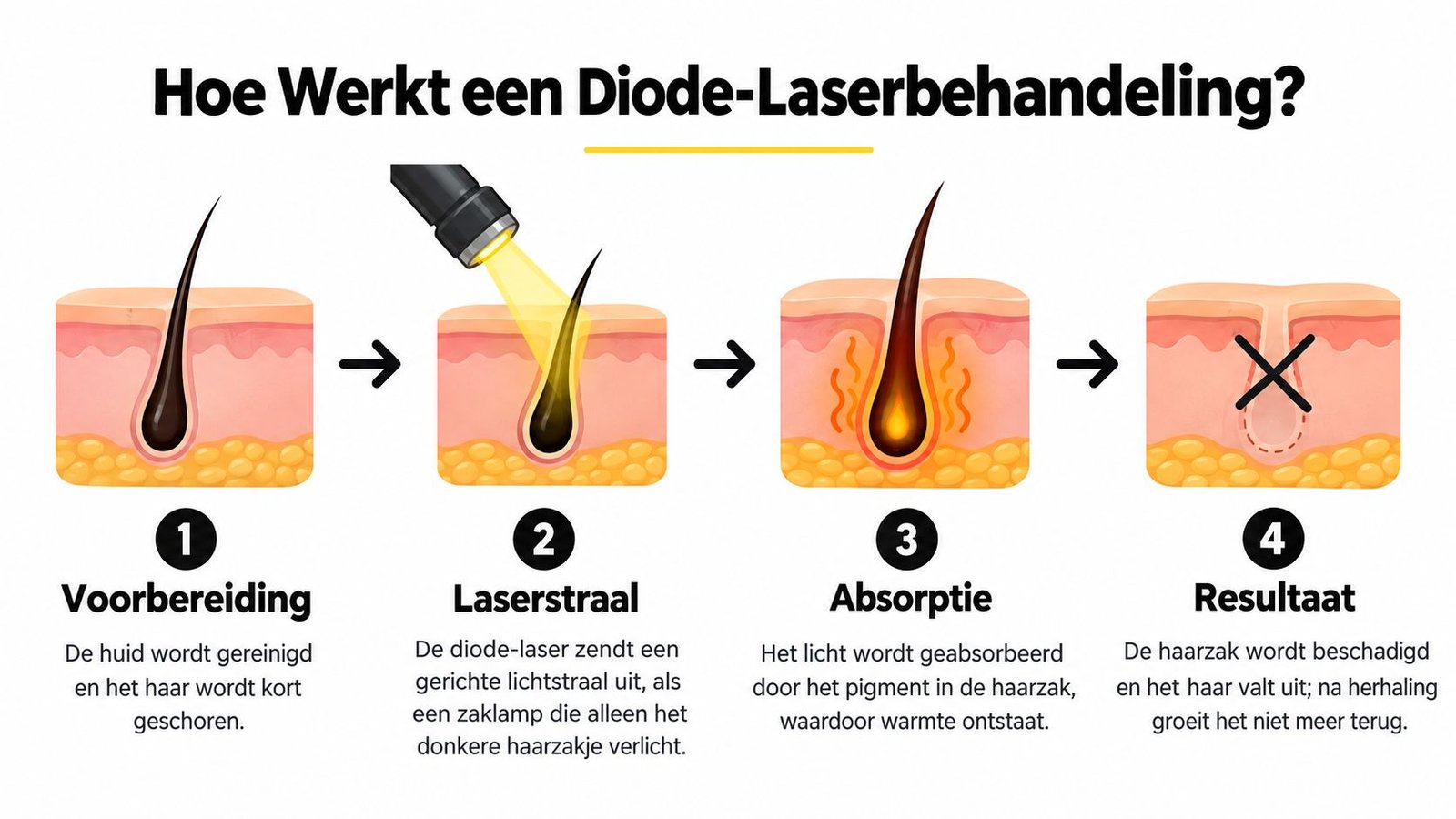 Een informatieve infographic die de vier stappen van een diode-laserbehandeling voor effectieve en permanente haarverwijdering uitlegt.