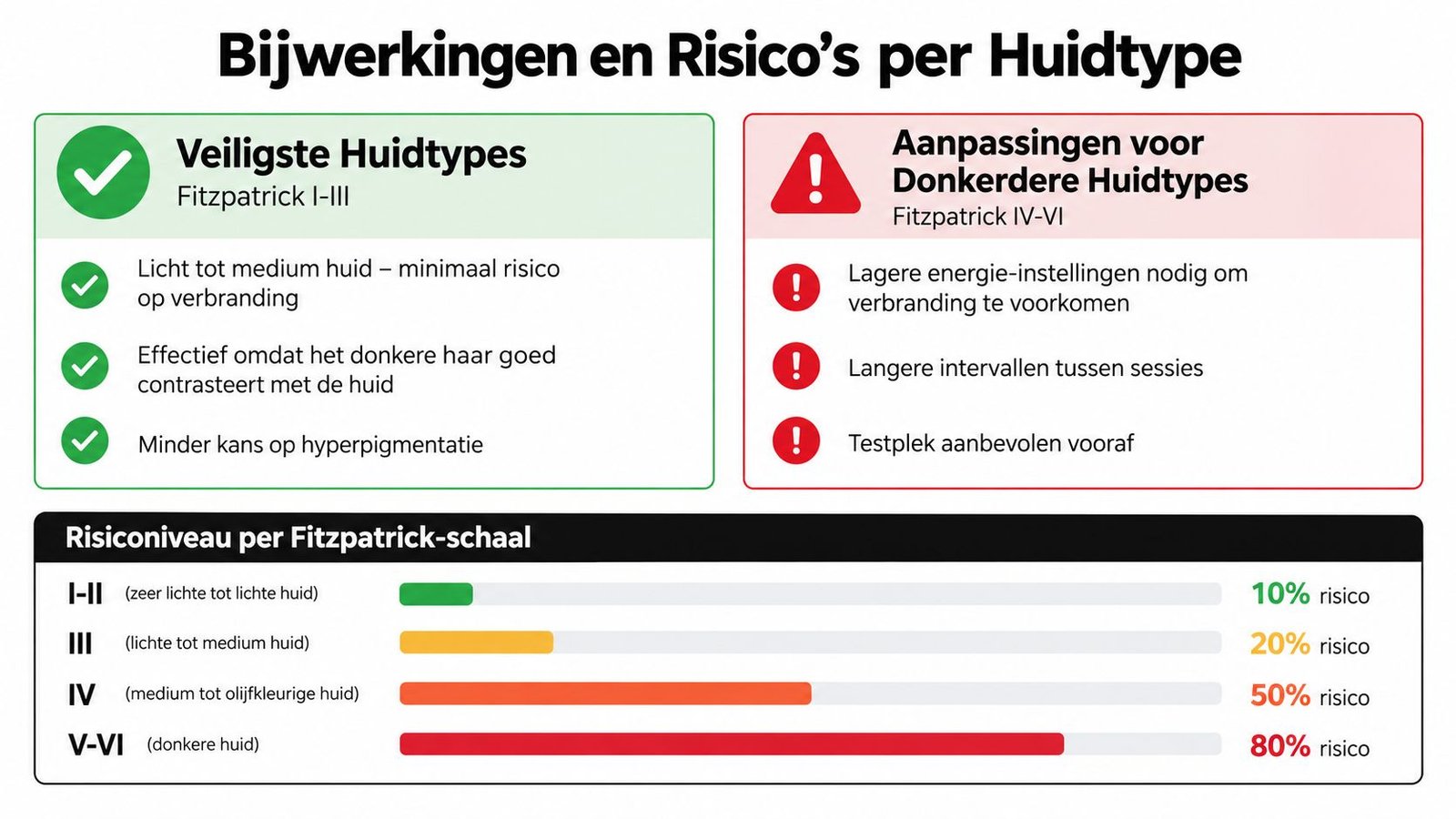 Een infographic met de risico's en bijwerkingen van laserontharing per huidtype volgens de Fitzpatrick-schaal.