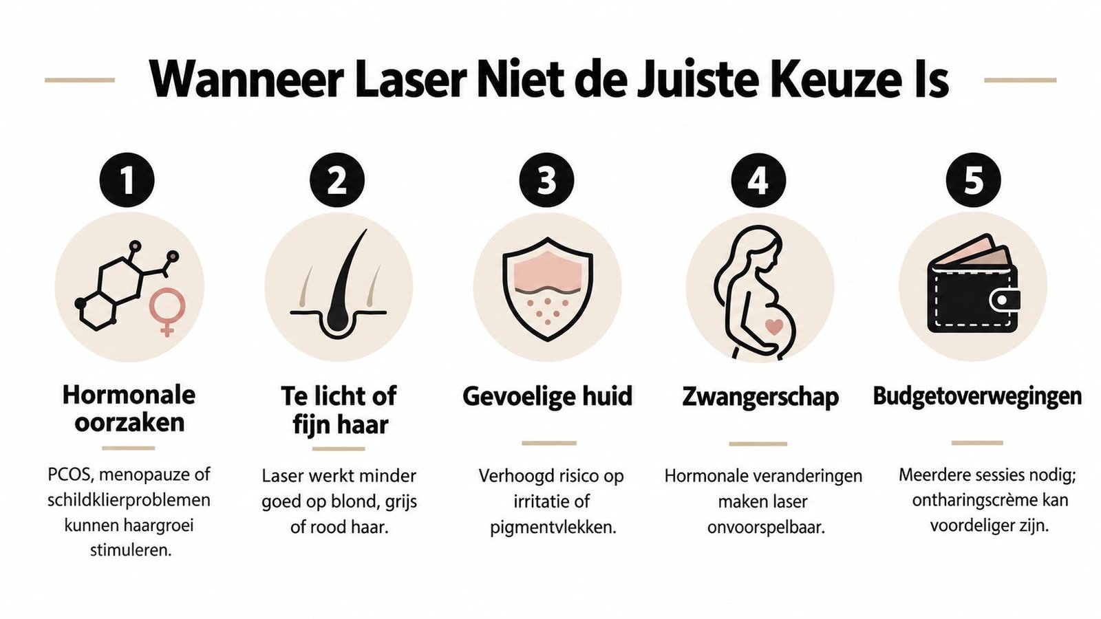 Een infographic die de vijf belangrijkste redenen toont wanneer laserontharing niet de juiste keuze is voor vrouwen.