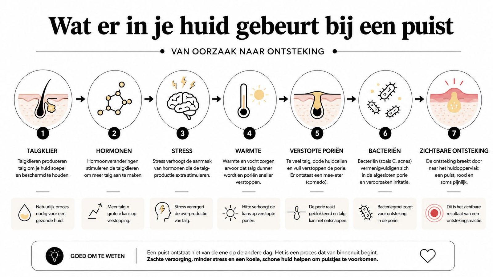 Een infographic die stapsgewijs het biologische proces van puistvorming in de menselijke huid uitlegt, van talgklier tot ontsteking.