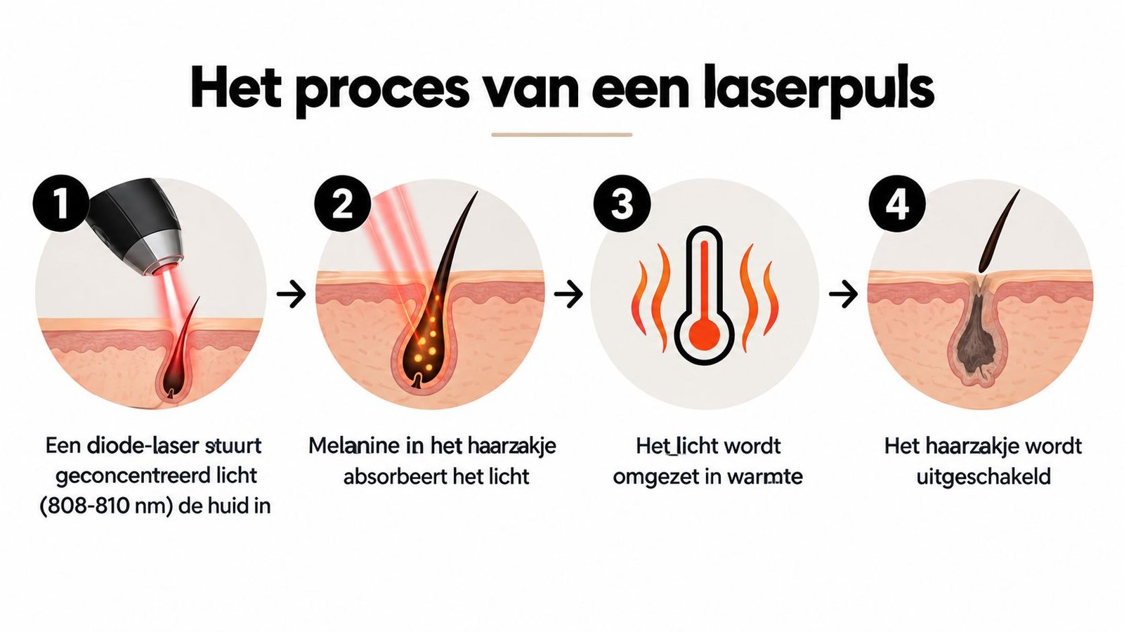 Een infographic die de vier stappen van een laserontharingsproces met een diodelaser in de huid illustreert.