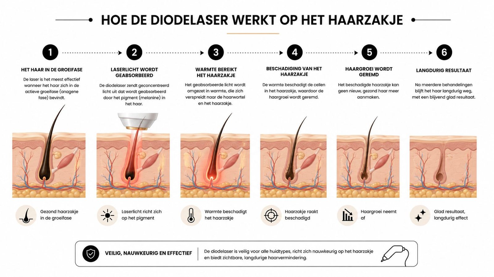 Een infographic die toont hoe een diodelaser stap voor stap haarzakjes behandelt voor langdurige haarverwijdering.
