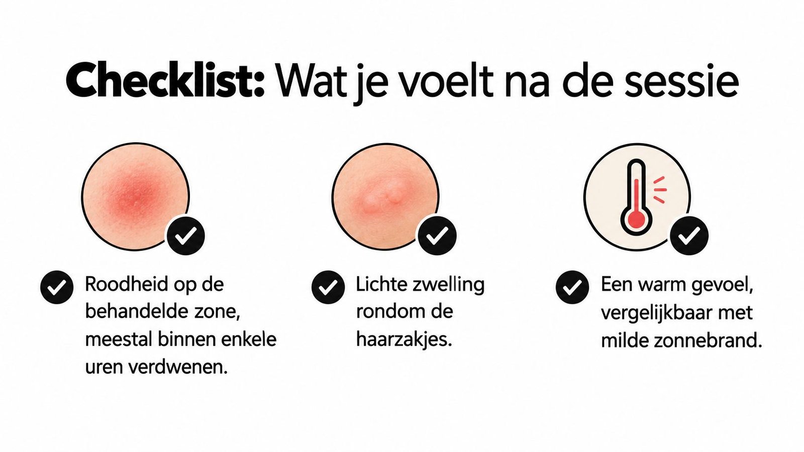 Een checklist met veelvoorkomende huidreacties na een laserontharing sessie, zoals roodheid, lichte zwelling en een warm gevoel.
