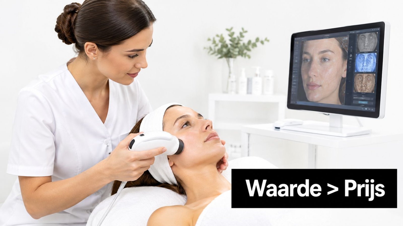 Een schoonheidsspecialiste voert een huidanalyse uit bij een cliënt in een moderne praktijk met geavanceerde apparatuur.