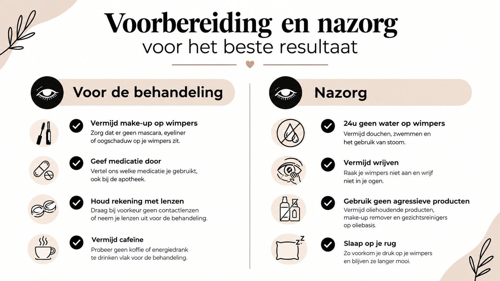 Een informatieve grafische afbeelding met voorbereidingsinstructies en nazorgtips voor een professionele wimperbehandeling voor het beste resultaat.