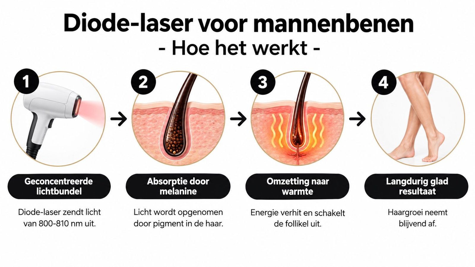Een stappenplan dat illustreert hoe een diodelaser werkt voor het permanent ontharen van mannenbenen.
