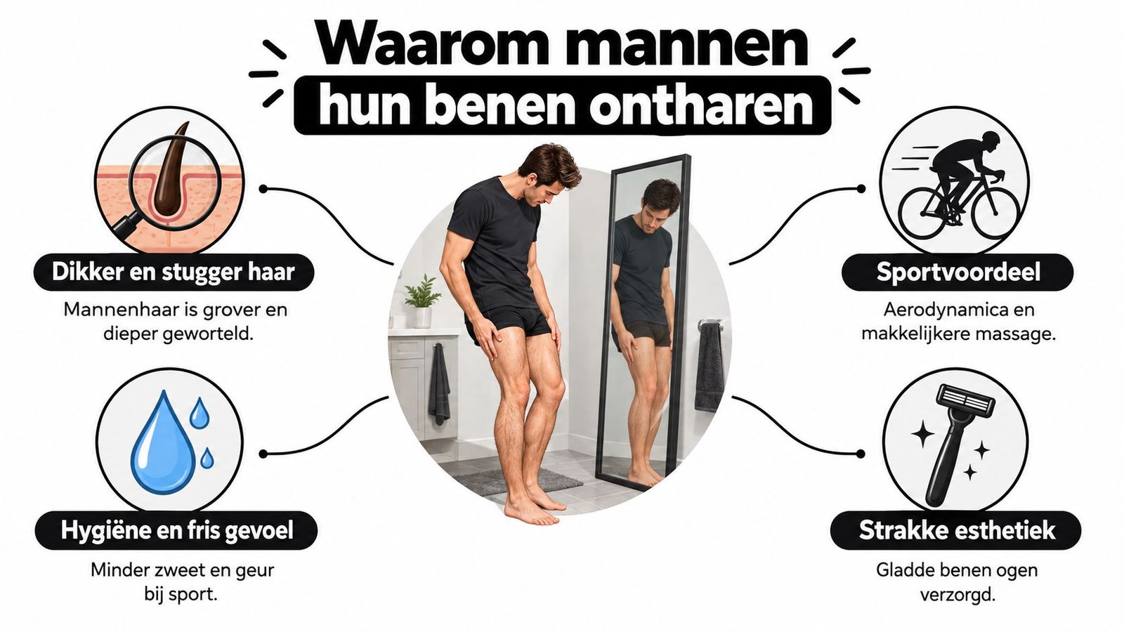 Een infographic die de voordelen uitlegt waarom mannen hun benen ontharen voor sport en esthetiek.