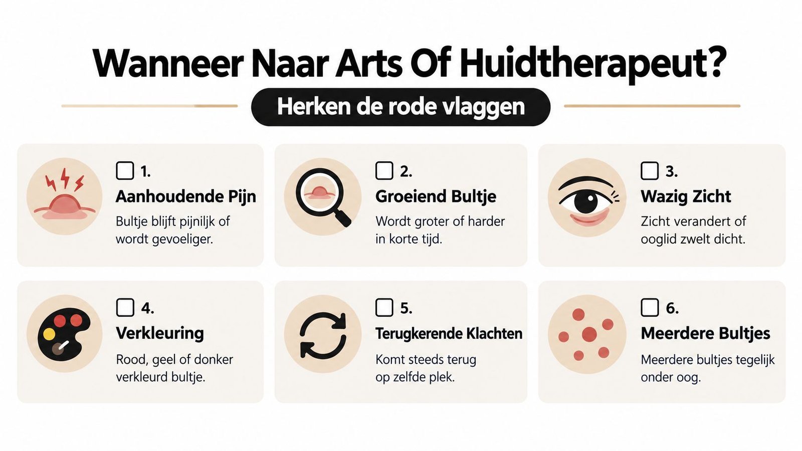 Een infographic met de zes rode vlaggen wanneer u een arts of huidtherapeut moet raadplegen.