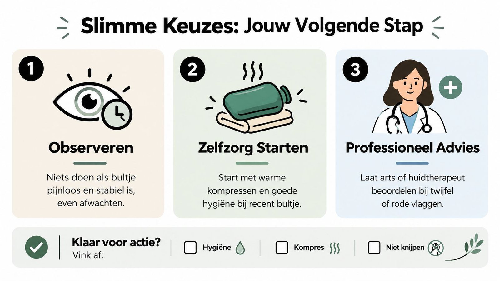 Een informatieve afbeelding die drie stappen toont voor het omgaan met een bultje op de huid.