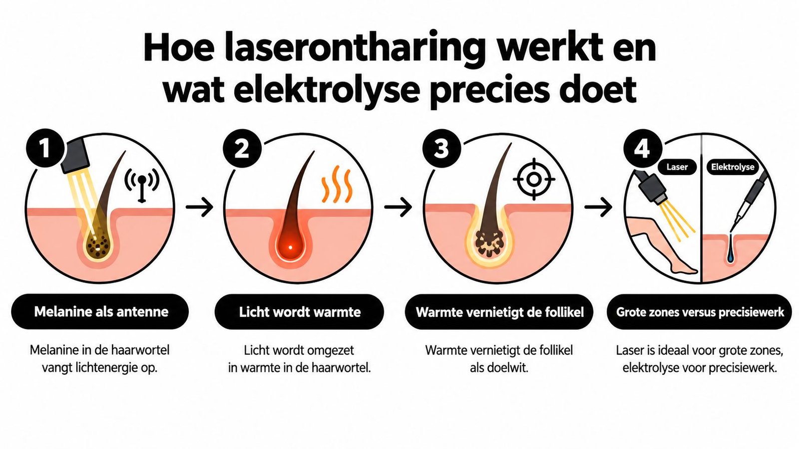 Een infographic in het Nederlands die de stappen van laserontharing en de werking van elektrolyse visueel uitlegt.