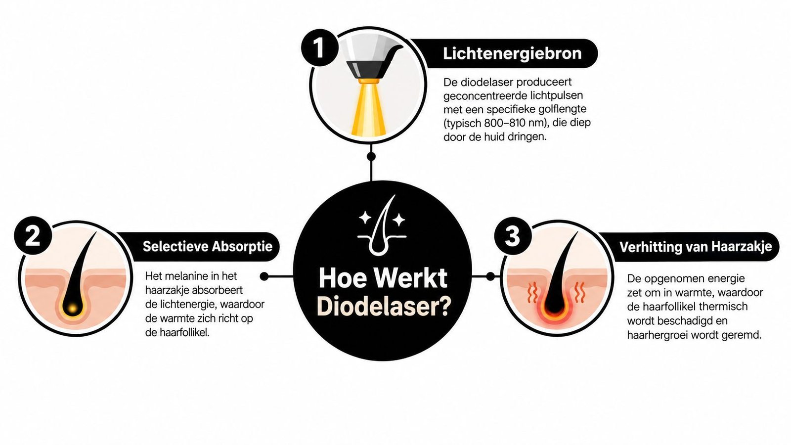 Een infographic die de drie fasen van permanente ontharing met een diodelaser in het Nederlands uitlegt.
