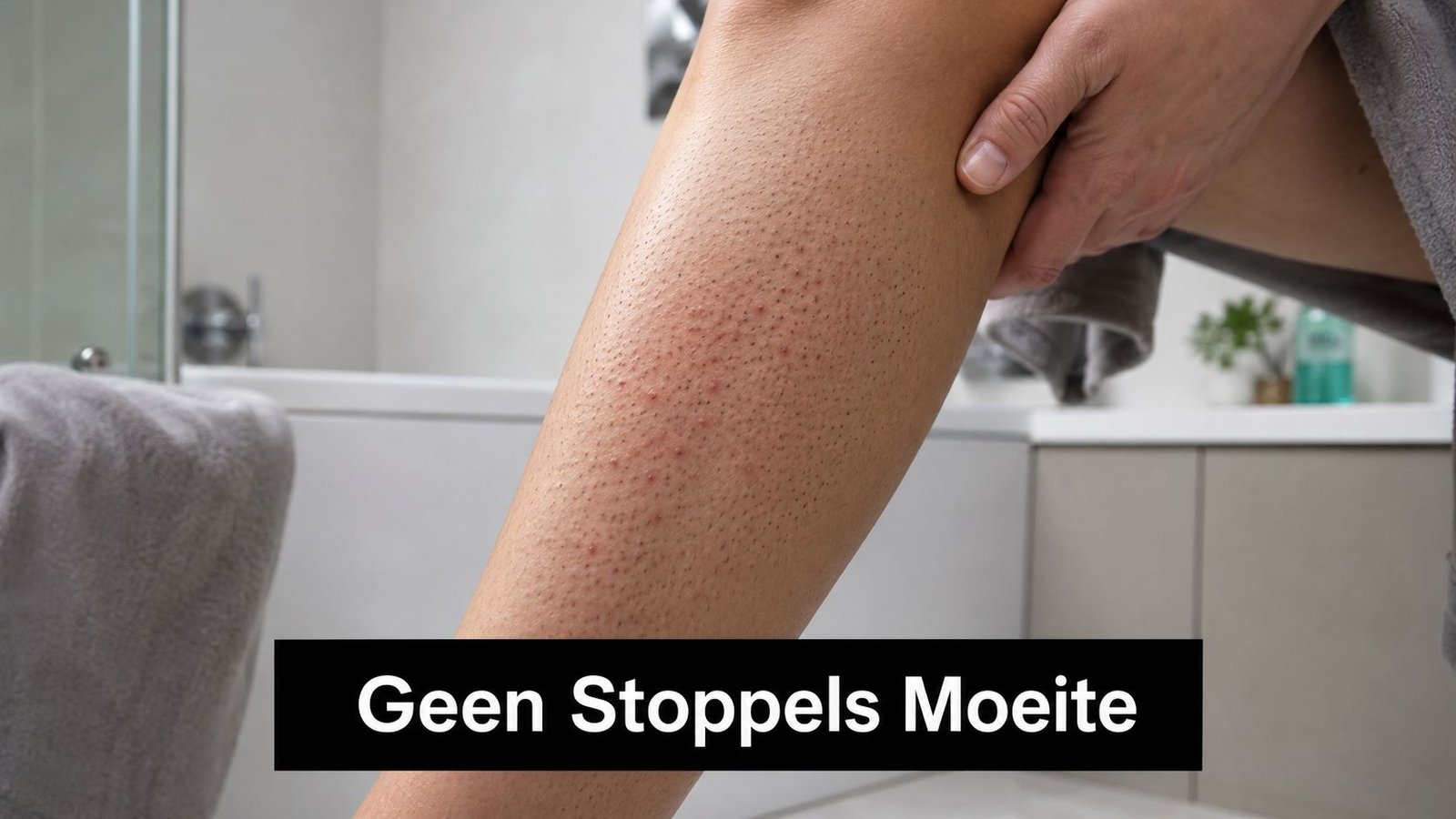 Een been met zichtbare stoppels en huidirritatie na het scheren in een badkameromgeving.