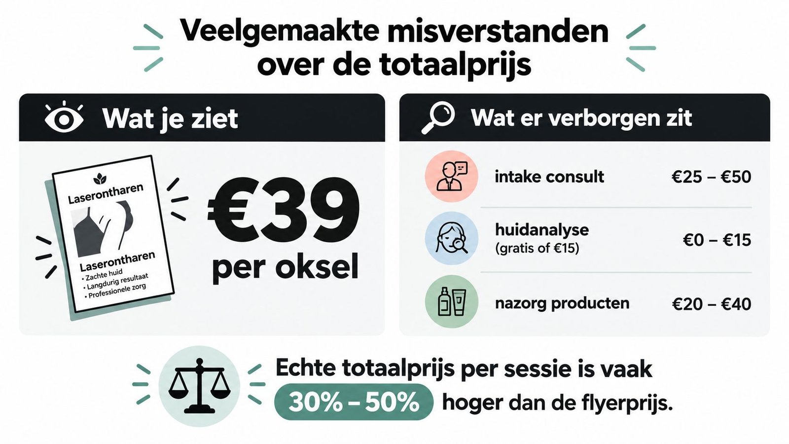 Een infographic over verborgen kosten bij laserontharing, vergelijkend de flyerprijs met de werkelijke totale prijs per sessie.