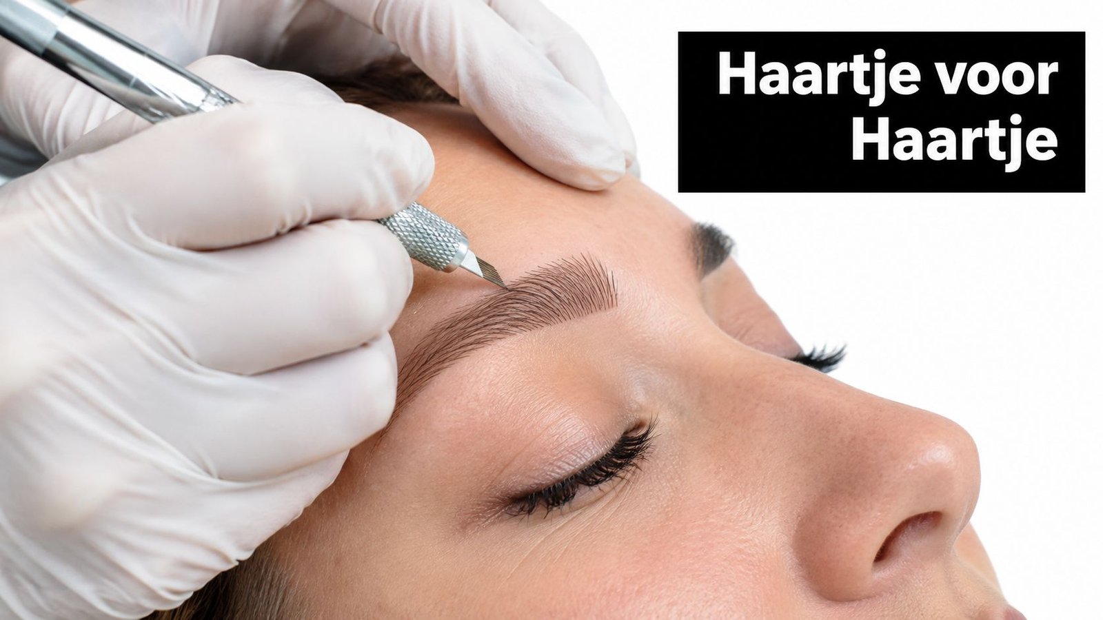 Een specialist voert een microblading behandeling uit met hairstrokes voor natuurlijk ogende wenkbrauwen op een cliënt.