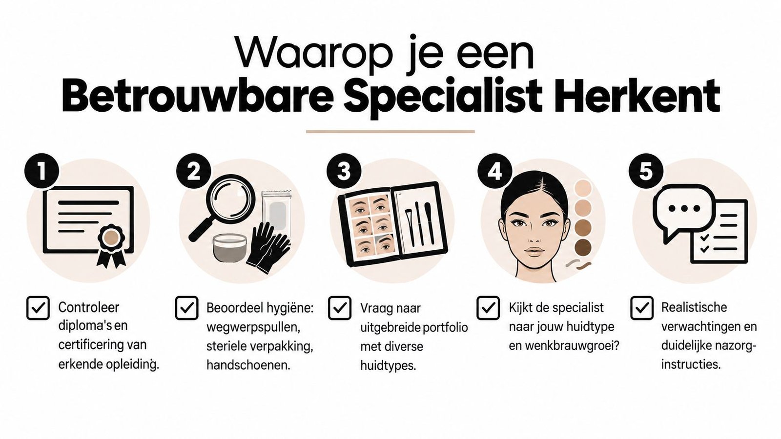 Een infographic met vijf stappen om een betrouwbare permanente make-up specialist voor wenkbrauwen te herkennen.