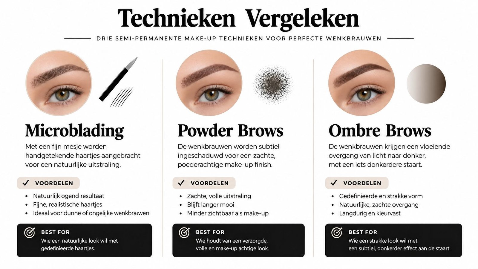 Een overzicht van drie semi-permanente make-up technieken voor wenkbrauwen: Microblading, Powder Brows en Ombre Brows.