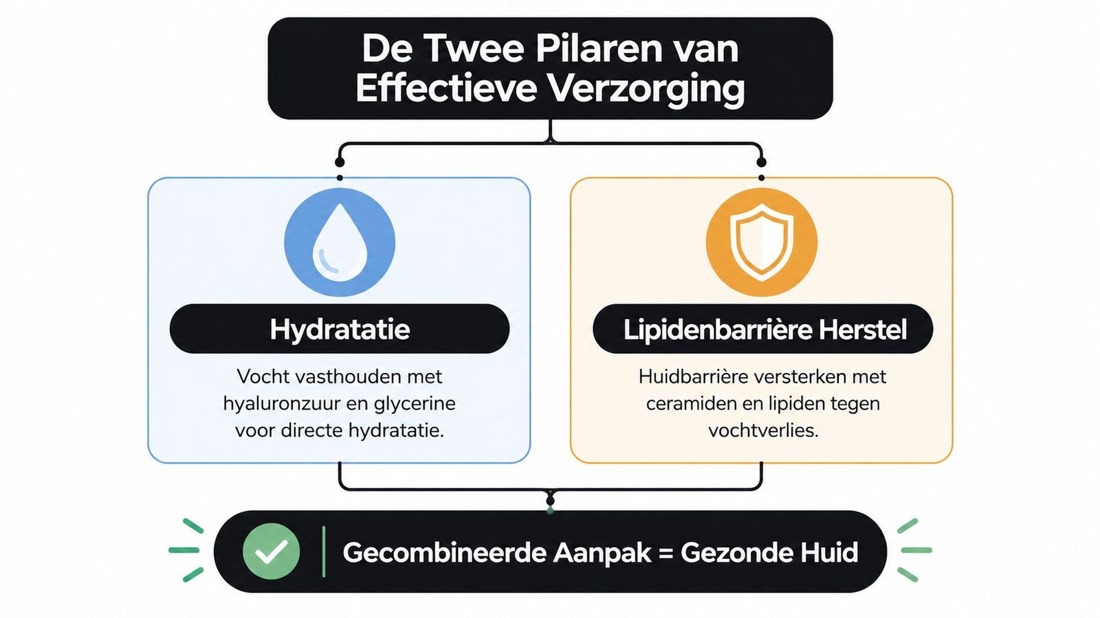 Een overzichtskaart van de twee pilaren voor effectieve huidverzorging: hydratatie en lipidenbarrière herstel voor een gezonde huid.
