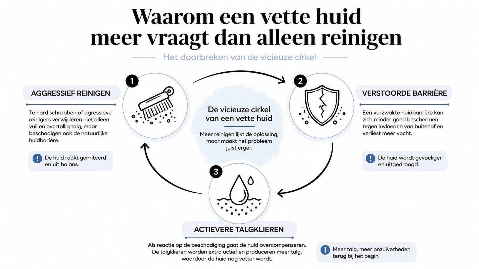 Een infographic die de vicieuze cirkel van een vette huid door agressieve reiniging en talgproductie verklaart.