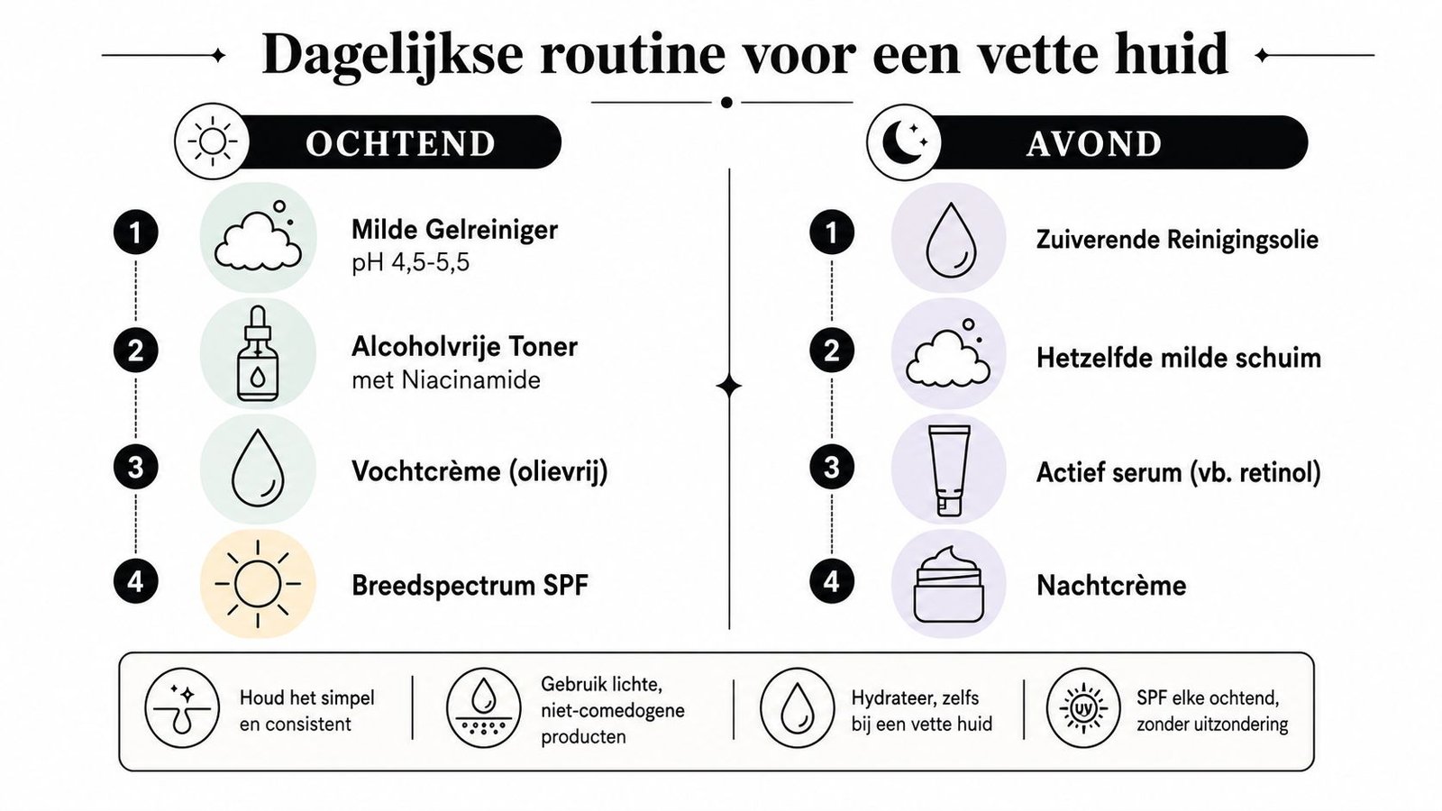 Een overzichtelijk schema voor een dagelijkse huidverzorgingsroutine voor mensen met een vette huid, inclusief ochtend- en avondstappen.