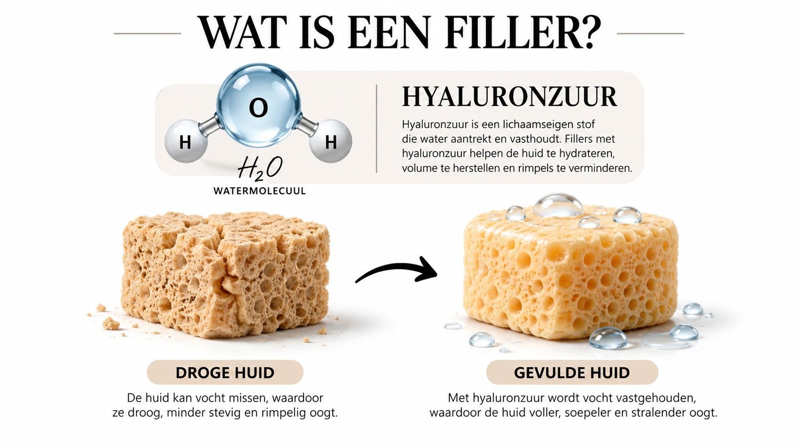 Een infographic die uitlegt hoe hyaluronzuur werkt als filler voor de huid door vocht vast te houden.